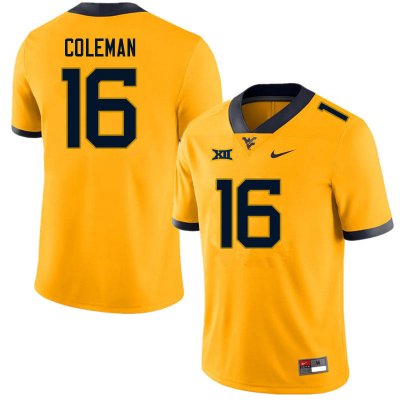 Men's West Virginia Mountaineers NCAA #16 Caleb Coleman Gold Authentic Nike Stitched College Football Jersey XN15Y68OU